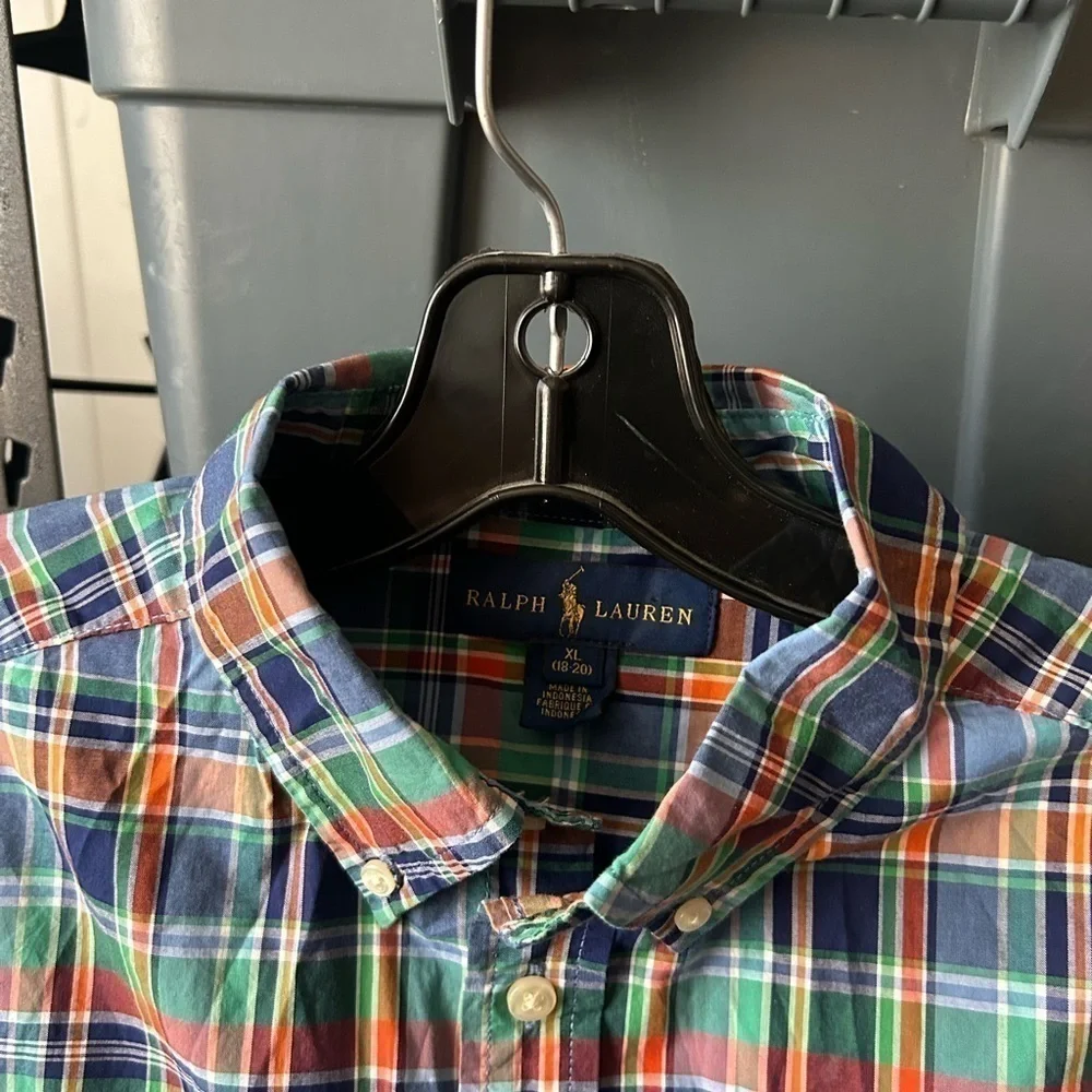 Ralph Lauren Button Up Shirt Youth XL 18-20 Plaid Boys Short Sleeve 100% Cotton